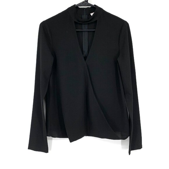 Wayf Tops - WAYF Top Black Long Sleeve Keyhole Choker V Neck Wrap Front Blouse